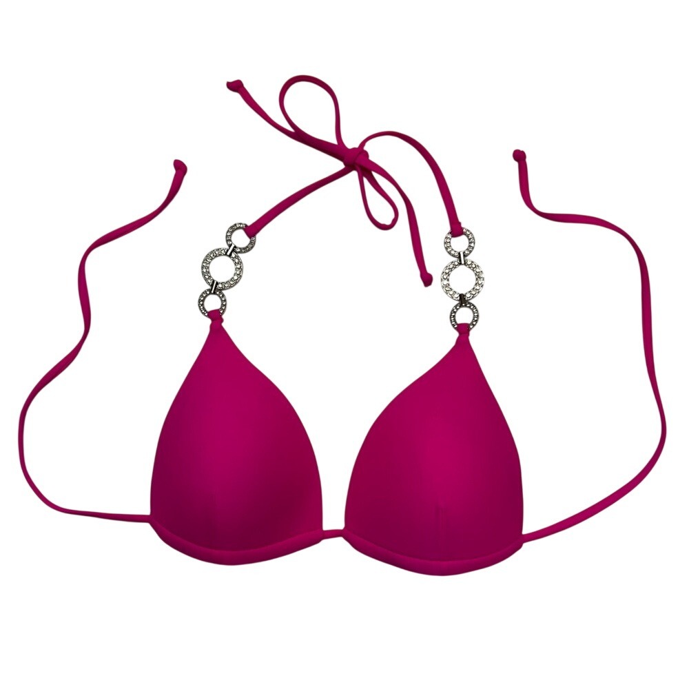 Hot Pink Triangle Bikini‎ Top with Rhinestone Bling Accents